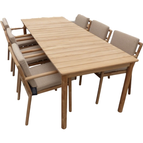 Set van Mare dining table 236x90x76 cm teak en 6 Mare dining chairs teak/multi natural AW incl. zit- en rugkussens - Yoi
