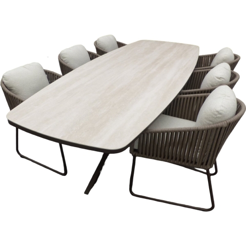 Set van Calma dining table 270x110x75 cm oval alu bronze/travertin en 6 Calera dining chairs alu bronze/belt toffee/wool white AW - Yoi