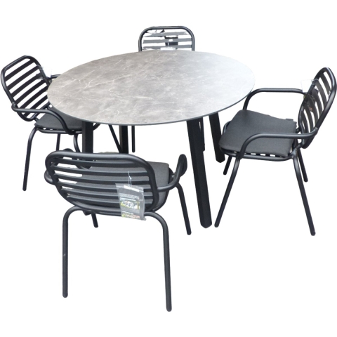 Set van Teeburu tafel 120 cm concrete en 4 Tomo stoelen zwart aluminium - Yoi
