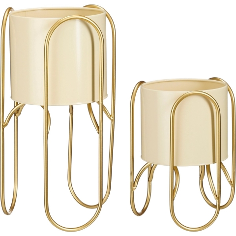 Mica Decorations Donau Bloempot op Standaard - Set van 2 - Metaal - H45 xØ23 cm - Lichtgeel, Goud