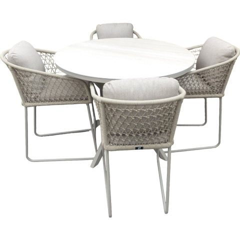 Set van Calma high dining tafel dia. 120 cm alu salix/travertin en 4 Bara high dining chairs alu salix/rope salix/flax beige AW incl. kussens - Yoi