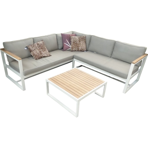 Auckland cornerset oyster/acacia light teak look incl. royal taupe kussens - Eurofleur aanbieding