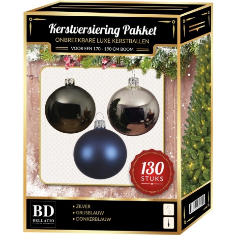 Kerstbal en piek set 130x zilver-grijsblauw-blauw voor 180 cm bo -