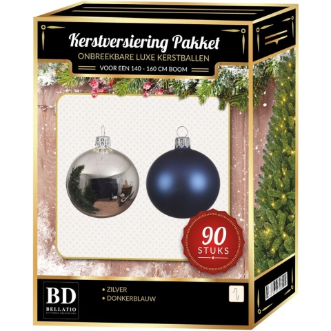 Kerstballen set kunststof 90-delig voor 150cm zilver/donkerblauw -