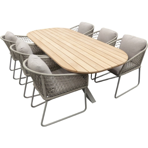 Set Noas dining tafel 220x100x76 cm oval alu salix/teak en 6 Bara dining chairs alu salix/rope salix/flax beige AW - Yoi