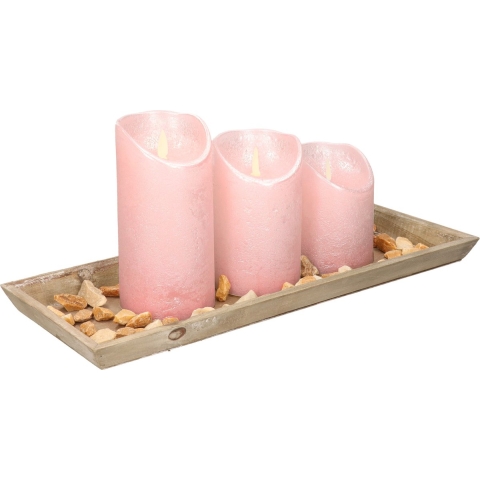 Houten dienblad met steentjes en 3 LED kaarsen in het lichtroze 39 x 15 cm -