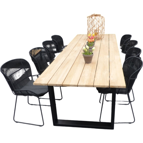 Set van Kaihou tafel 300x100x76 cm zwart/teak en 8 Faye stoelen lava incl. kussen - Yoi