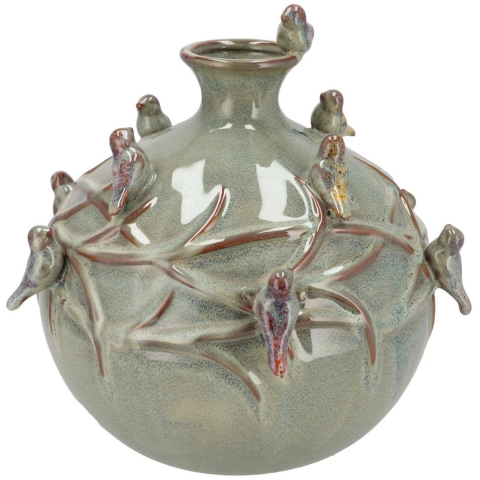 Vaas Spring birds - mosgroen - keramiek - D29 x H28 cm - bloemenvaas -