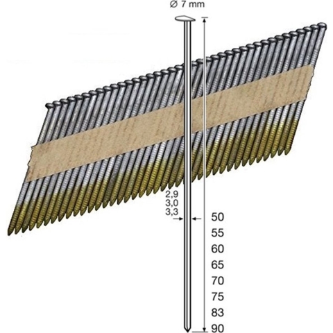 Dutack Clipped head nail 3.0mm 34° ring Stripnagel - Papiergebonden Verzinkt - 83mm - 3000 stuks - 5150030