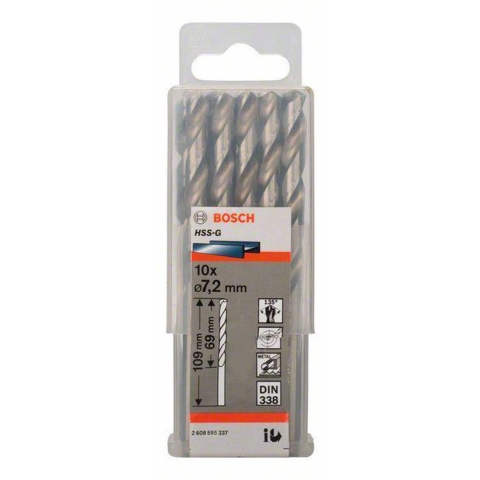 Bosch Accessories 2608595337 HSS Metaal-spiraalboor 7.2 mm Gezamenlijke lengte 109 mm Geslepen DIN 338 Cilinderschacht 10 stuk(s)