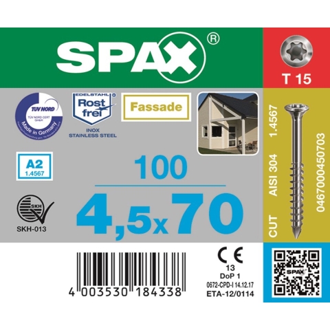 SPAX 197000450703 SPAX Seko-T-Tg Houtschroef 4.5 mm 70 mm Torx, Binnen-T RVS V2A Roestvast 100 stuk(s)