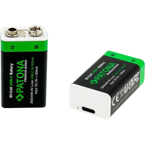 Set van 2 x 9V oplaadbare batterijen, met USB-C aansluiting