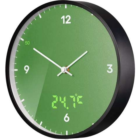 BRESSER MyTime LEDsec wandklok 24 cm met temperatuurweergave (groen)