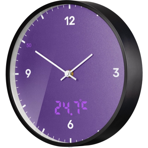 BRESSER MyTime LEDsec wandklok 24 cm met temperatuurweergave (purple)