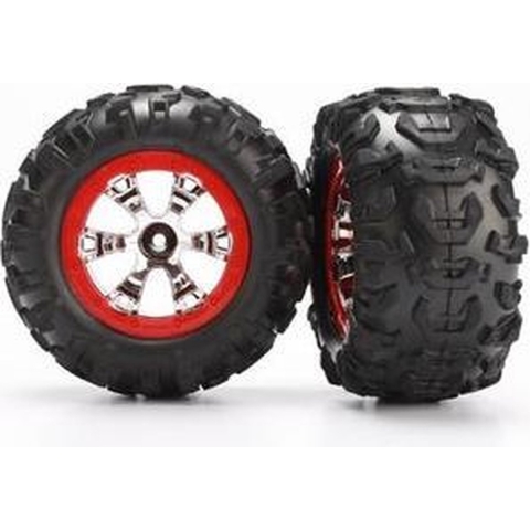 Tires and wheels, assembled, glued (geode chrome, red beadlock style wheels, canyon at tires, foam inserts) (1 left, 1 right)