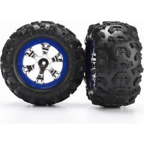 Tires and wheels, assembled, glued (geode chrome, blue beadlock style wheels, canyon at tires, foam inserts) (1 left, 1 right)