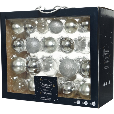 Kerstballenset glas mix zilver42 st.
