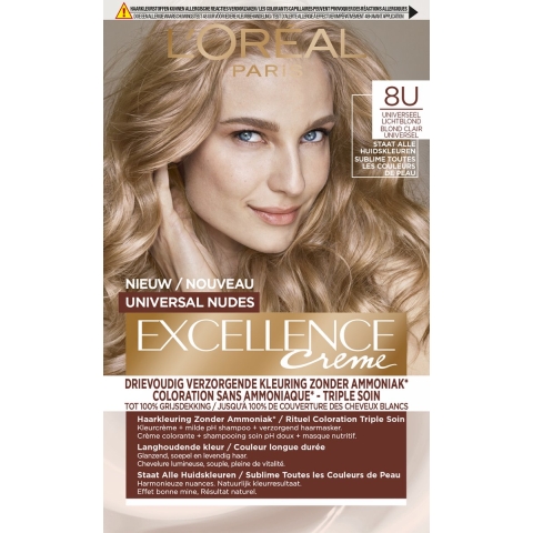 1+1 gratis: L'Oréal Excellence Crème Universal Nudes Permanente Haarkleuring 8U Universeel Lichtblond