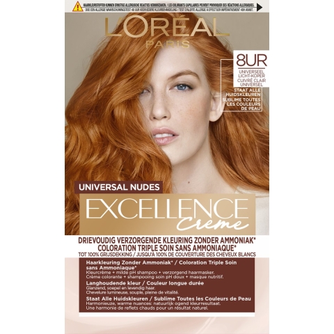 1+1 gratis: L'Oréal Excellence Crème Universal Nudes Permanente Haarkleuring 8UR Universeel Licht-Koper