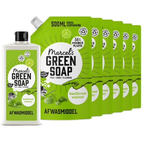 Marcel's Green Soap Afwasmiddel Basilicum&Vertivert Gras + 6 Navullingen Pakket