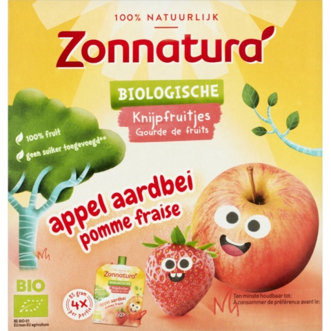 6x Zonnatura Knijpfruit Appel/Aardbei Biologisch 4 x 85 gr