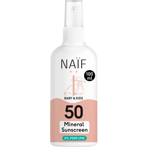 1+1 gratis 1+1 gratis: Naif Minerale Zonnebrand Spray Baby&Kids 0% parfum SPF 50 100 ml