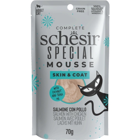 12x Schesir Special Cat Mousse Skin&Coat Zalm&Kip 70 gr