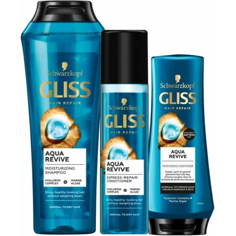 Gliss Aqua Revive - Shampoo, Conditioner&Anti-klit Spray - Pakket