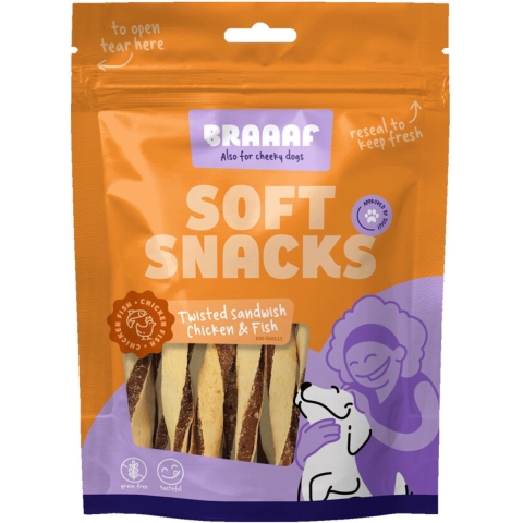 5x Braaaf Twisted Sandwich Hondensnack Kip - Vis 85 gr