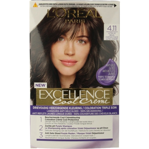 1+1 gratis: L'Oréal Excellence Cool Crème Permanente Crèmekleuring 4.11 - Ultra As Middenbruin