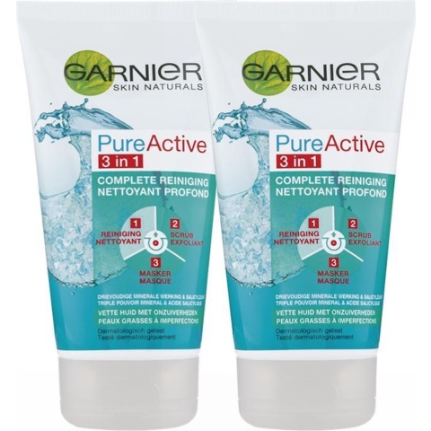 2x Garnier PureActive 3-in-1 Gezichtsreiniging met Klei 150 ml