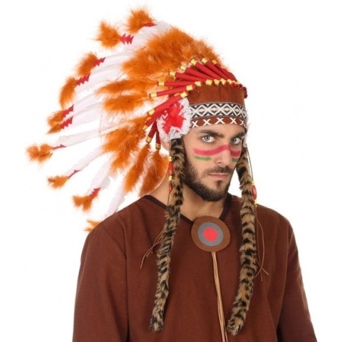 Luxe indianen veren tooi voor heren - oranje/rood - met ornamenten -