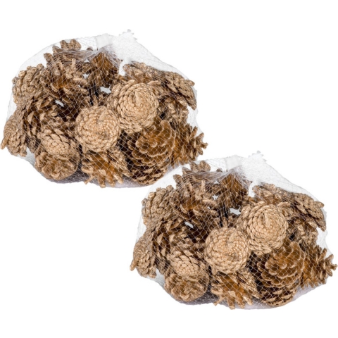 2x zakjes met 300 gram decoratie dennenappels goud 5 x 5 cm -