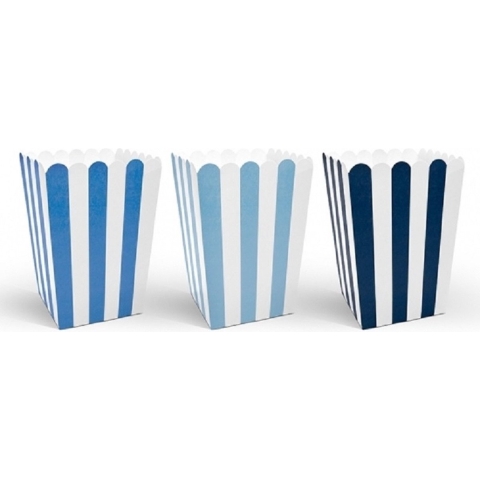 Gestreepte popcorn bakjes blauw - 30x stuks - 7,5 x 7,5 x 12,5 cm - Snoep bakjes -