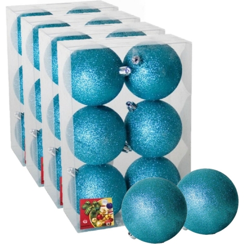 24x stuks kerstballen ijsblauw glitters kunststof 8 cm -