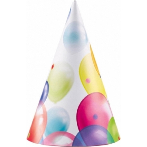 32x stuks Feesthoedjes met ballonnen opdruk karton -
