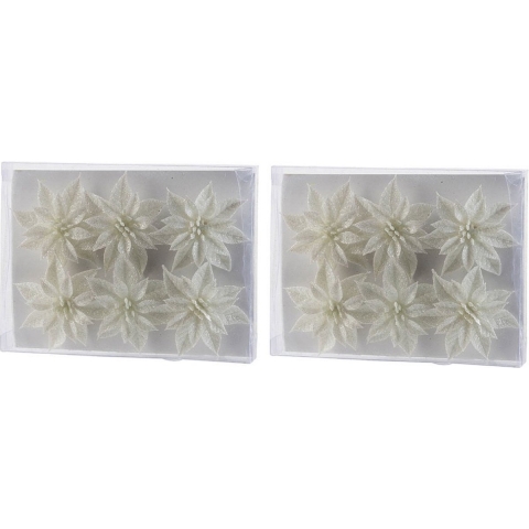 18x Kerstboomversiering witte glitter bloemen op steker 8 cm -