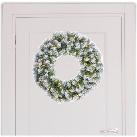 Kerstkrans/deurkrans groen met verlichting en sneeuw D60 cm -