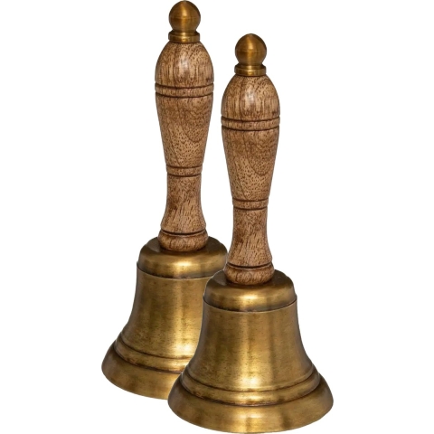 Tafelbel/handbel - 2x - 17,5 x 7,5 cm - mangohout - kerstman bel - bellen -