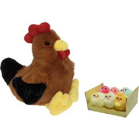 Pluche bruine kippen/hanen knuffel van 25 cm met 6x stuks mini gekleurde kuikentjes 4 cm -