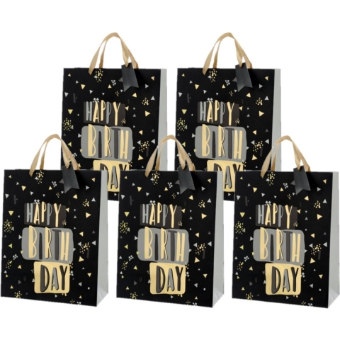 Set van 8x stuks papieren verjaardag giftbags/cadeau tasjes Happy Birthday zwart 25 x 32 x 12 cm -