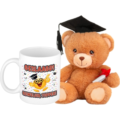Geslaagd cadeau mok / beker met knuffelbeer - geslaagd topper - keramiek - Ca. 300ml -