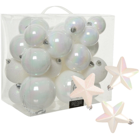 Pakket 32x stuks kunststof kerstballen en sterren ornamenten wit parelmoer -