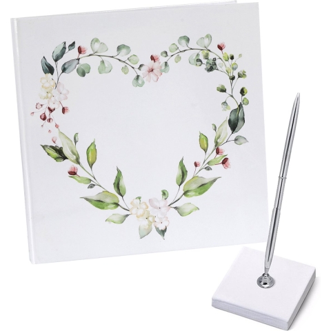 Gastenboek/receptieboek met luxe pen in houder - Bruiloft - zilver/wit - 24 x 24 cm -