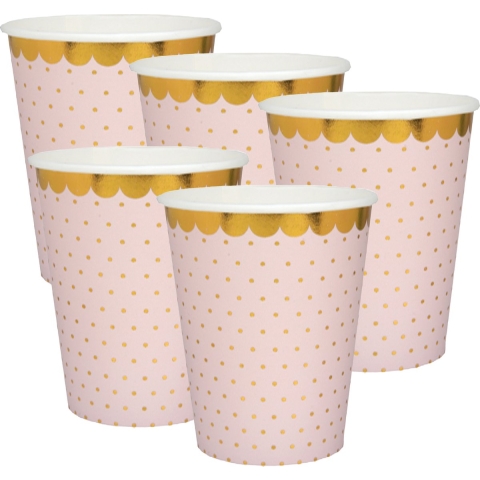 Feest wegwerp bekertjes - stippen - 50x stuks - 270 ml - roze/goud - karton -
