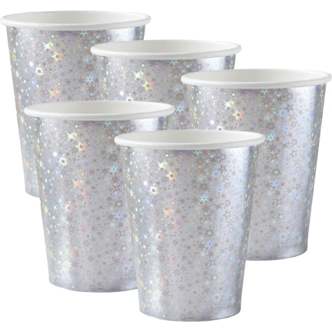 Feest wegwerp bekertjes - glitter - 50x stuks - 270 ml - zilver - karton -