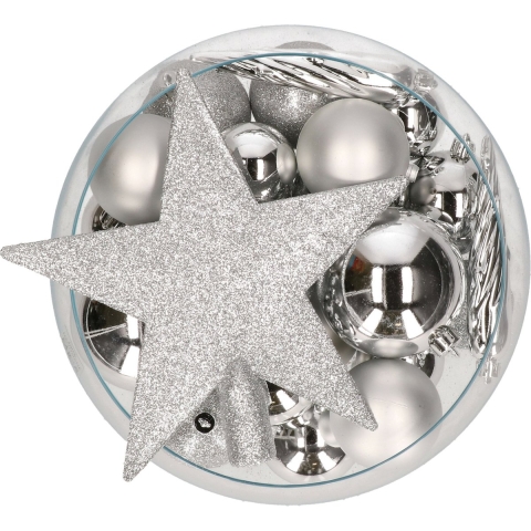 Decoris pakket 33x stuks kunststof kerstballen met ster piek zilver -