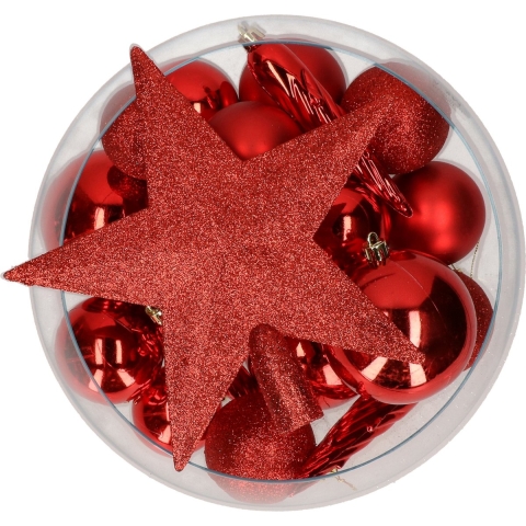 Decoris pakket 33x stuks kunststof kerstballen met ster piek rood -