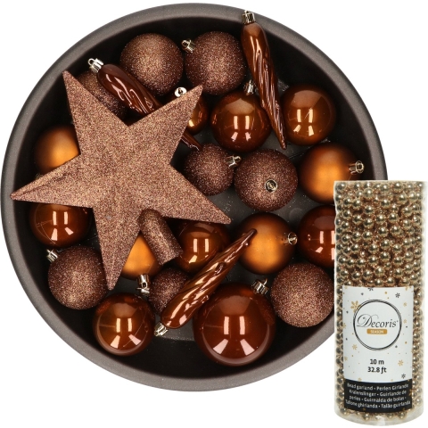 Decoris kerstversiering pakket 34x stuks kunststof bruin -