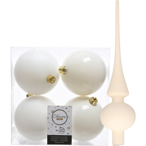 Set van 8x stuks kunststof kerstballen 10 cm en glazen piek wol wit -